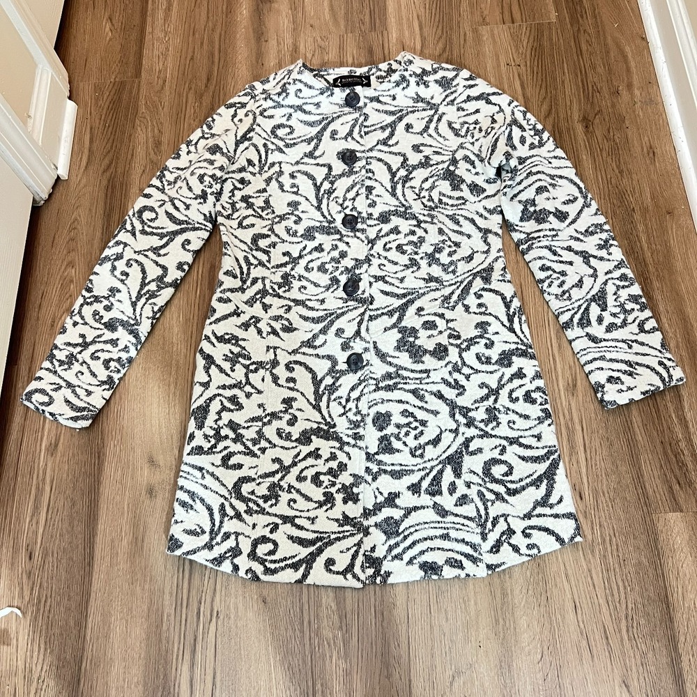 Nanette Lepore Large Wool Blend Charcoal Gray Winter White Jacquard Knit Coat